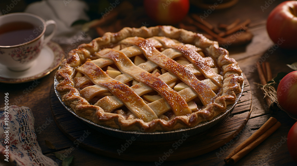 A whole apple pie with a lattice top crust, resting on a wooden table, with cinnamon sticks, apples, and a cup of tea beside it. A whole apple pie with a lattice top crust, resting on a wooden table, with cinnamon sticks, apples, and a cup of tea beside it.
