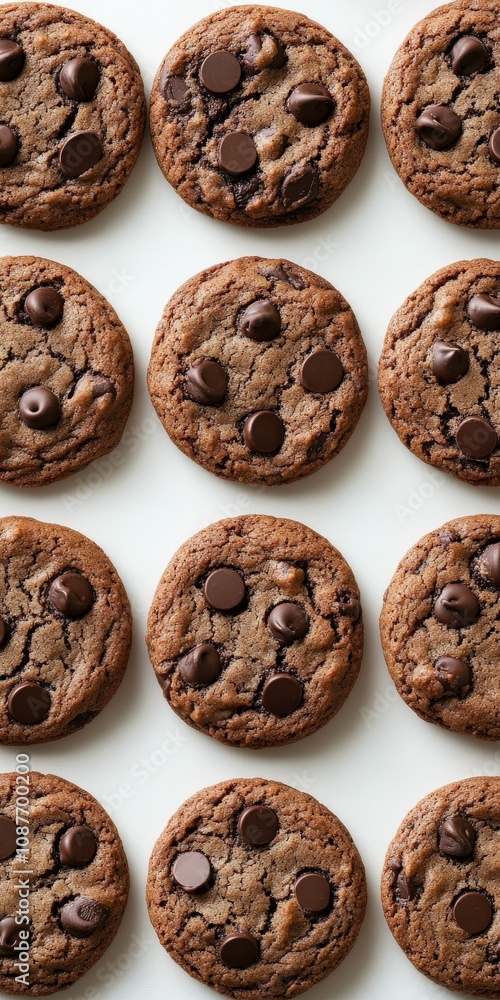 Freshly baked chocolate chip cookies arranged on a white surface Freshly baked chocolate chip cookies arranged on a white surface