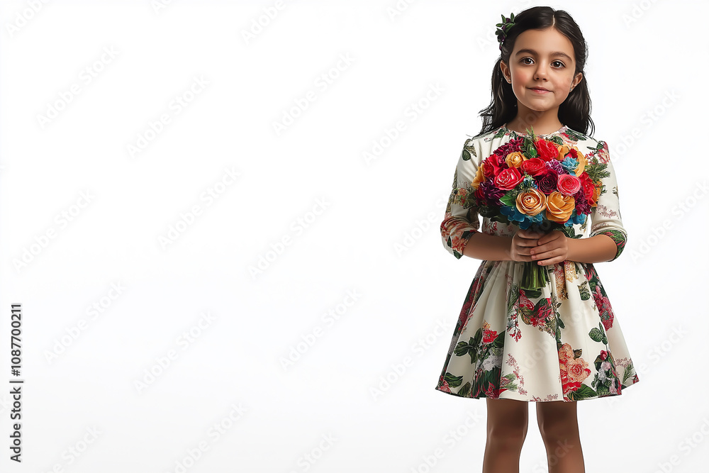 A young girl holding a colorful bouquet on a solid white background A young girl holding a colorful bouquet on a solid white background