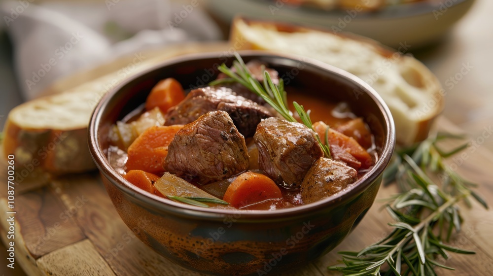 A hearty beef and vegetable stew with tender chunks of meat, served in a rustic ceramic bowl A hearty beef and vegetable stew with tender chunks of meat, served in a rustic ceramic bowl