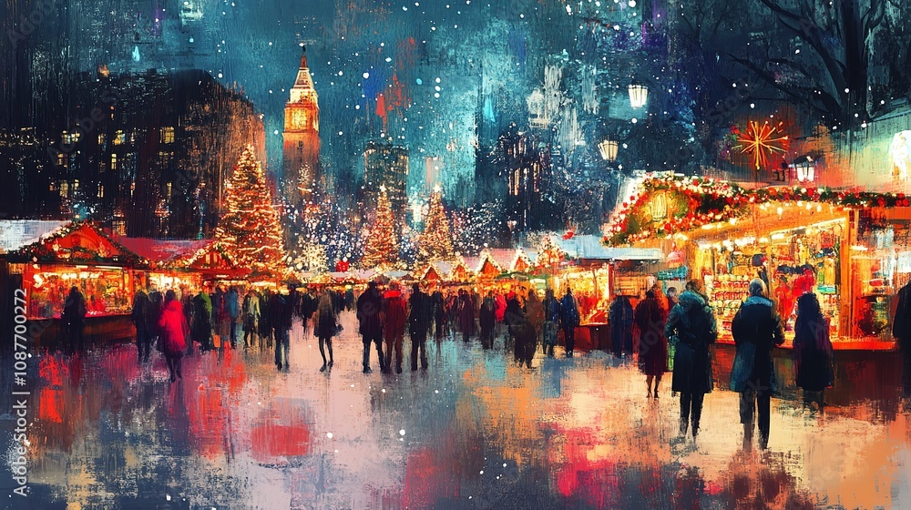 Naklejka premium A dynamic mixed media collage showcasing a festive Christmas market in a vibrant town square, featuring cheerful lights and bustling holiday stalls.