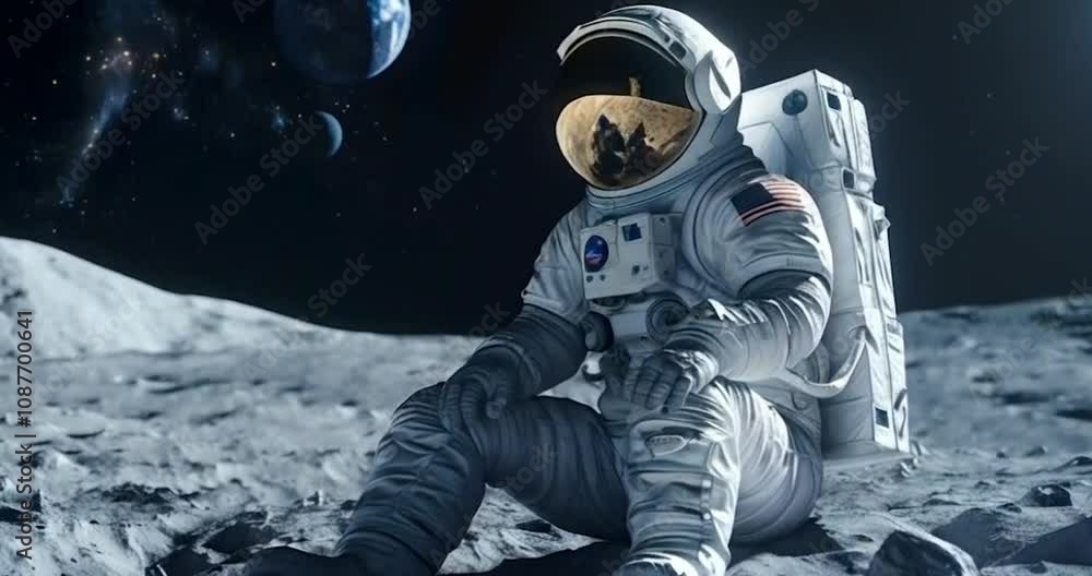 An astronaut seated and examining the moon's surface, designed with generative AI technology An astronaut seated and examining the moon's surface, designed with generative AI technology