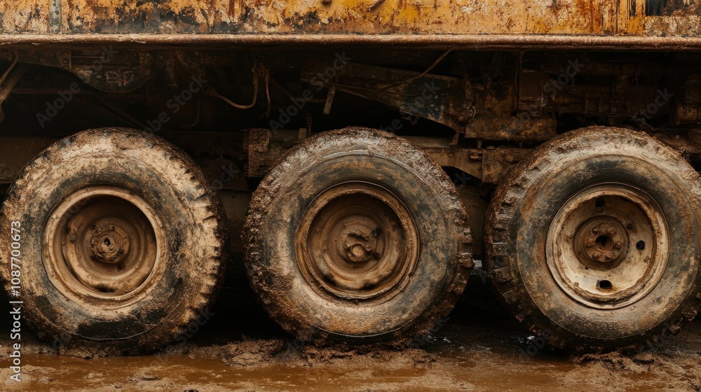 Truck frame close-up with visible axles, tires, and undercarriage details, capturing a rugged industrial vibe Truck frame close-up with visible axles, tires, and undercarriage details, capturing a rugged industrial vibe