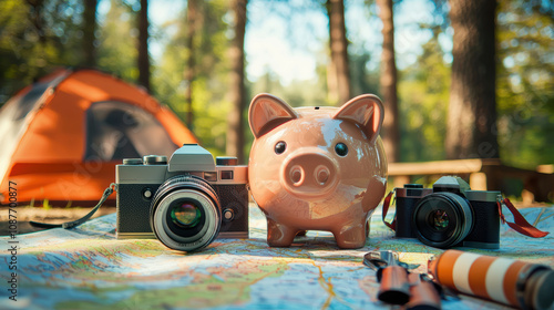 Piggy Bank Camper Van with Maps and Gear - Savings for Road Trips and Outdoor Adventures photo