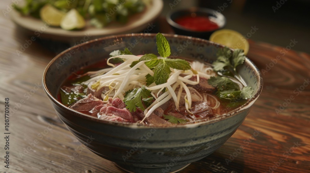 A hearty bowl of beef pho with rice noodles, thinly sliced beef A hearty bowl of beef pho with rice noodles, thinly sliced beef