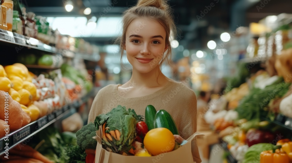 Smiling Woman Shopping for Fresh Produce in a Grocery Store Smiling Woman Shopping for Fresh Produce in a Grocery Store