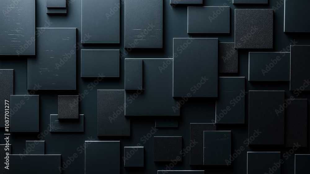 Dark abstract background with overlapping rectangular shapes in various sizes arranged in a geometric pattern, creating a three-dimensional effect with shadows. Dark abstract background with overlapping rectangular shapes in various sizes arranged in a geometric pattern, creating a three-dimensional effect with shadows.