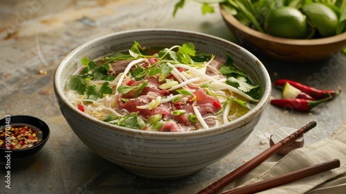 A hearty bowl of beef pho with rice noodles, thinly sliced beef