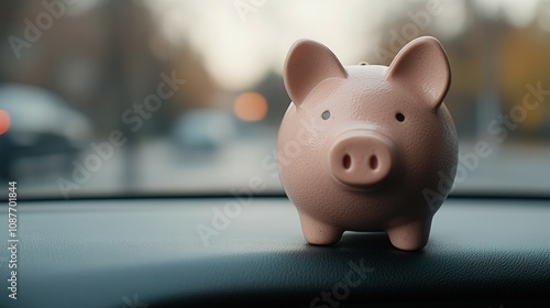 A pink piggy bank sitting on the dashboard of a car during dusk