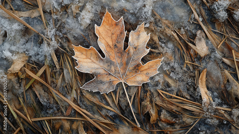 A close-up of an orange maple leaf lying on the ground is shown. The leaf is covered with frost, which gives it a white border. There are blades of grass around the leaf, also covered with frost A close-up of an orange maple leaf lying on the ground is shown. The leaf is covered with frost, which gives it a white border. There are blades of grass around the leaf, also covered with frost