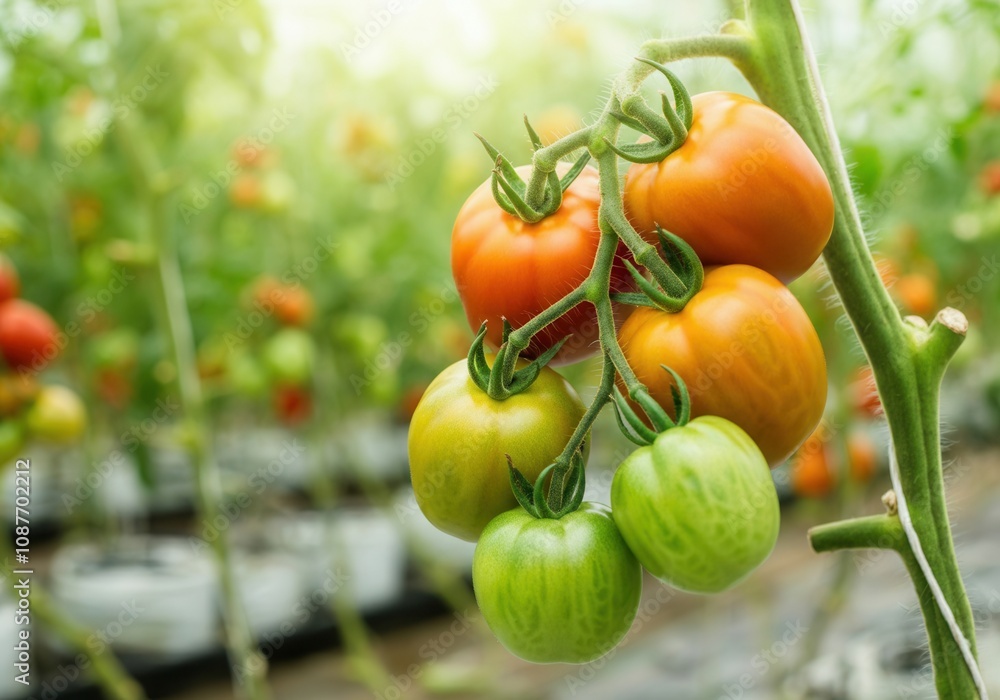 Ripe and unripe tomatoes hanging on the vine in a greenhouse, demonstrating sustainable agriculture and local food production Ripe and unripe tomatoes hanging on the vine in a greenhouse, demonstrating sustainable agriculture and local food production