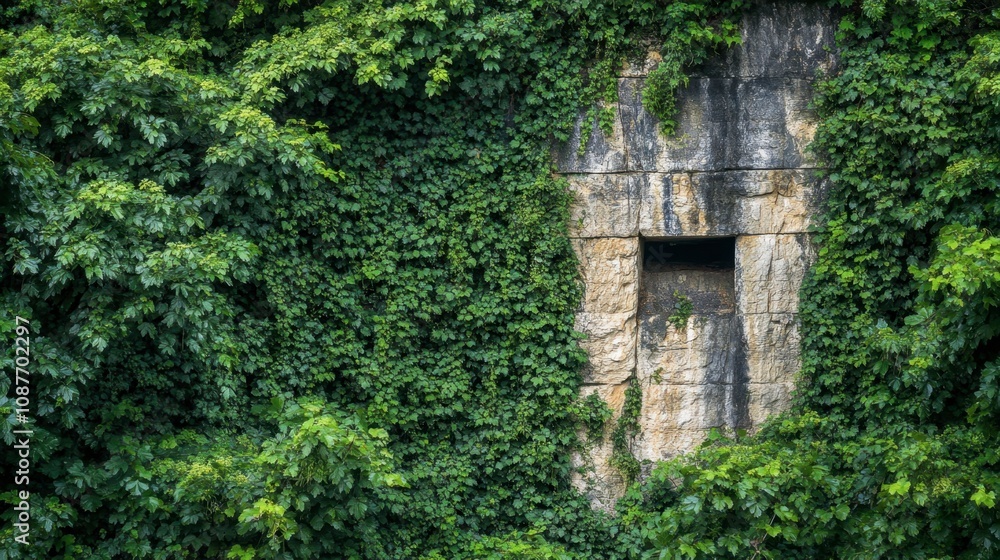Natural Stone Wall Overgrown with Green Ivy Natural Stone Wall Overgrown with Green Ivy
