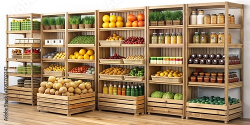 Wallpaper Mural Wooden Shelf Produce Grocery Store Display 3D Render, Fruits, Vegetables, Jars, Composition, Organic, Healthy Food Organic Food Torontodigital.ca