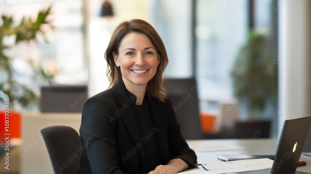 Confident Businesswoman Working at Her Desk in Modern Office Confident Businesswoman Working at Her Desk in Modern Office