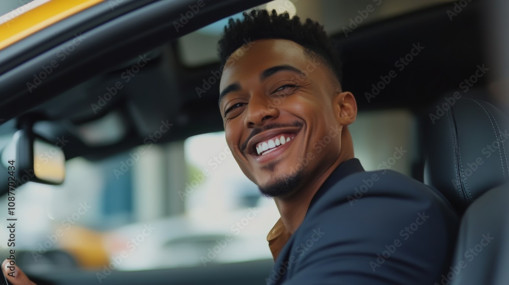 Obraz premium Happy Man Driving a New Car - Portrait of a Smiling Driver