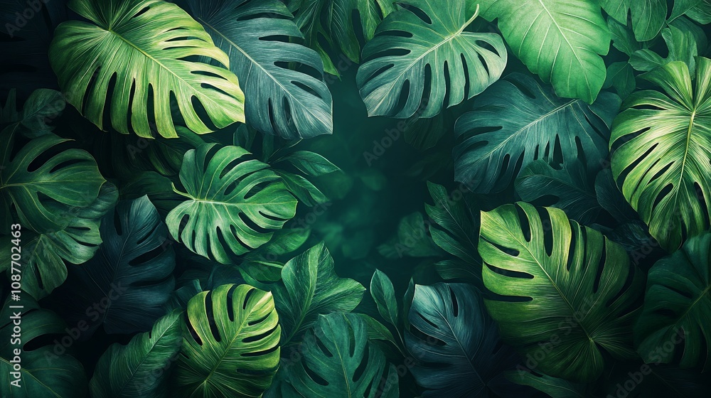 A lush arrangement of tropical leaves creating a vibrant, green backdrop. A lush arrangement of tropical leaves creating a vibrant, green backdrop.