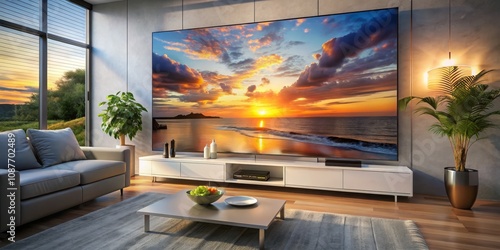Sunset Seascape on Giant Screen Modern Living Room Composition, Ocean View, Home Theater Design Home theater, large screen TV