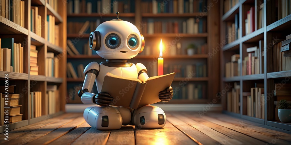 Robot Reading Book in Library 3D Render, Candlelight, AI Learning, Bookshelf AI, Robotics Robot Reading Book in Library 3D Render, Candlelight, AI Learning, Bookshelf AI, Robotics