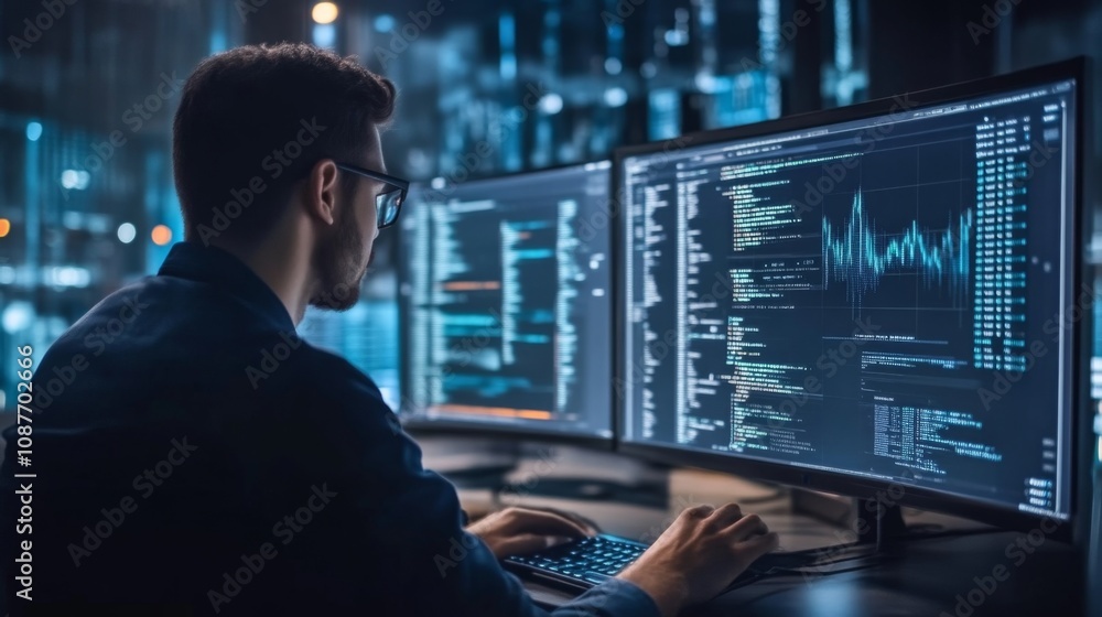 Programmer Working on Data Analysis Project at Night Programmer Working on Data Analysis Project at Night