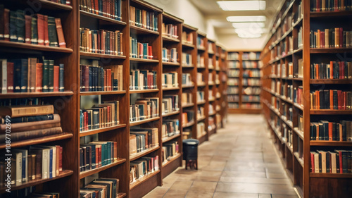 Blurred public library interior space. Defocused bookshelves with books - vintage tone. Learning and education concept background.