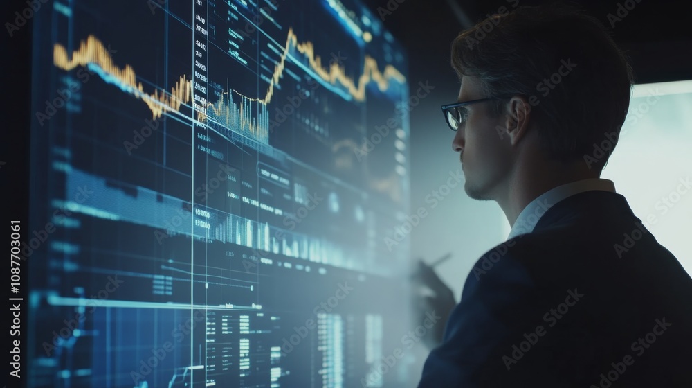 Businessman Analyzing Financial Data on a Large Screen Businessman Analyzing Financial Data on a Large Screen