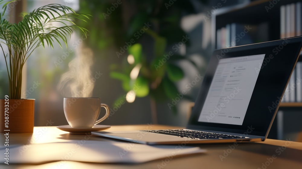Cozy Home Office Setup with Laptop and Coffee Cozy Home Office Setup with Laptop and Coffee