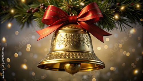 Golden Bell with Red Bow on...