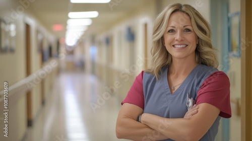 Portrait of a Smiling Female Nurse in a Hospital Hallway