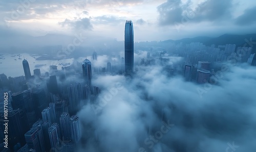 Chicago highrise Skyscraper buildings poking out from above the clouds on a fog foggy day, skyline cityscape
