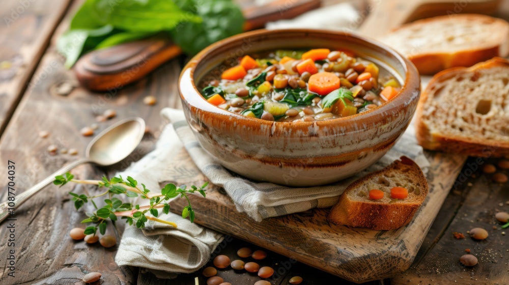 A hearty bowl of lentil soup with carrots, celery A hearty bowl of lentil soup with carrots, celery
