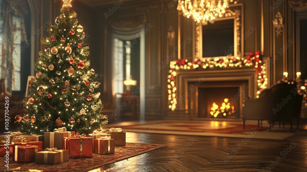 A Decorated Christmas Tree and Fireplace in a Grand Room A Decorated Christmas Tree and Fireplace in a Grand Room