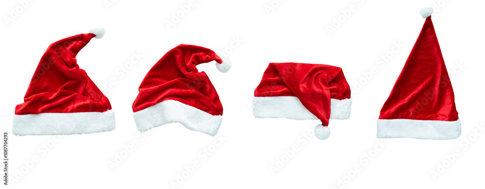 Four red and white santa hats are shown in a row Four red and white santa hats are shown in a row