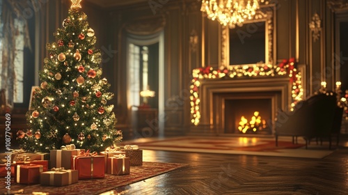 Wallpaper Mural A Decorated Christmas Tree and Fireplace in a Grand Room Torontodigital.ca