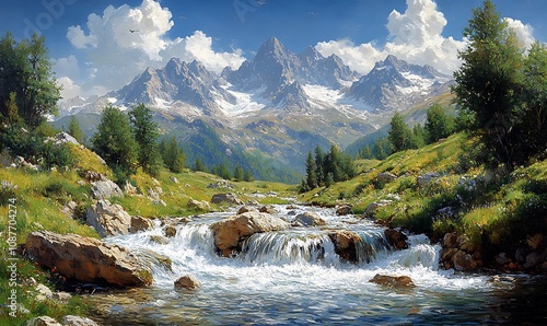 Fototapeta Naklejka Na Ścianę i Meble -  Beautiful mountain waterfall painting landscape scenery
