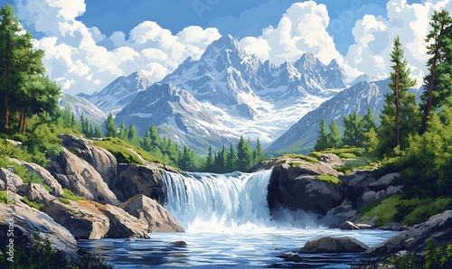 Fototapeta Naklejka Na Ścianę i Meble -  Beautiful mountain waterfall painting landscape scenery
