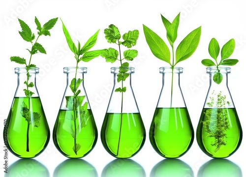 Plants in flasks with green liquid on a white background. photo