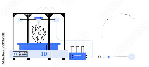 3D printer fabricating a detailed human heart model, surrounded by medical tools and design indicators. Ideal for medical innovation, technology, healthcare, future of medicine, biotechnology