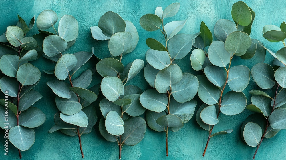 A serene arrangement of eucalyptus leaves on a teal background.