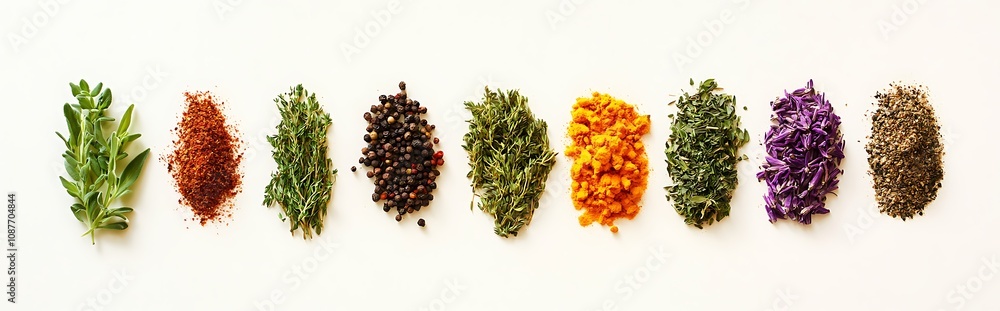 Eight assorted spices and herbs arranged in a row on a white background.
