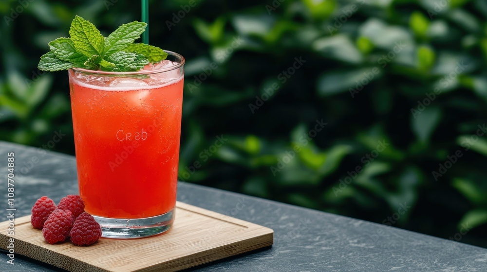 Fototapeta premium A refreshing red cocktail garnished with mint, served with raspberries, set against a lush green background.