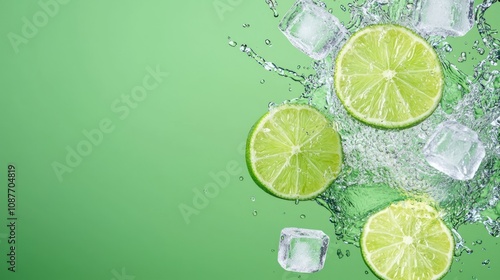 Fresh lime slices and ice cubes splash in sparkling water against a vibrant green background, evoking a refreshing summer beverage.