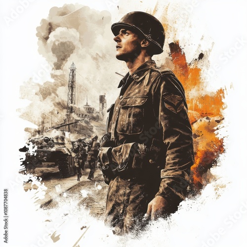 Soldier standing strong amidst chaos and destruction in wartime setting, isolated on a white background.