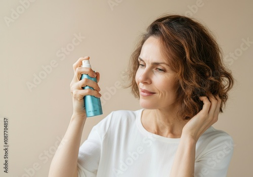 Middle aged woman with curly hair using hairspray for styling, beauty treatment at home photo