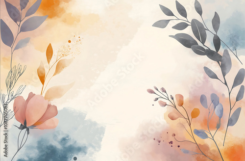 A simple and minimalistic handdrawn background vector illustration with abstract watercolor shapes leaves and flowers in pastel colors The design is elegant and suitabl photo