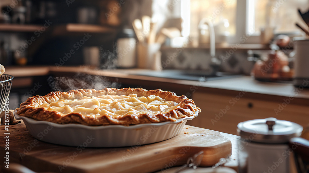 An apple pie freshly removed from the oven, with steam rising from the crust, and a cozy kitchen setting with wooden countertops and kitchen accessories. An apple pie freshly removed from the oven, with steam rising from the crust, and a cozy kitchen setting with wooden countertops and kitchen accessories.