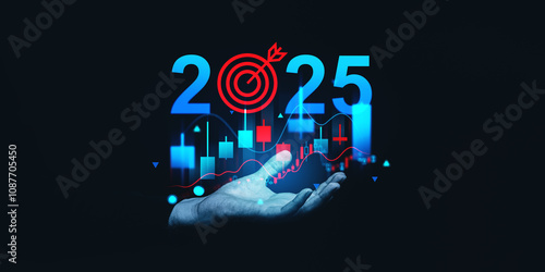 Wallpaper Mural 2025 business strategy concept with digital charts and goal target symbol over a hand on dark background. Torontodigital.ca