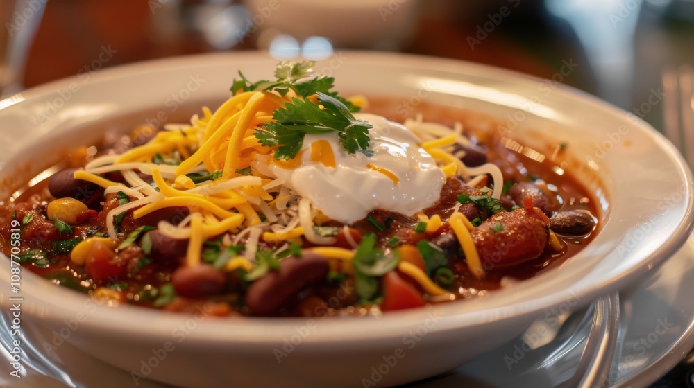 A hearty bowl of vegetarian chili loaded with beans, vegetables A hearty bowl of vegetarian chili loaded with beans, vegetables