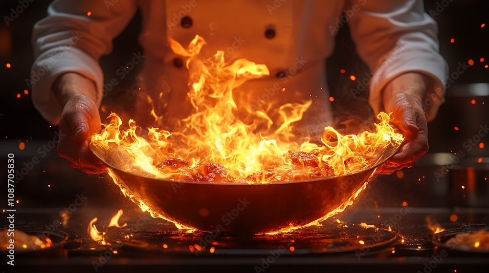 A chef skillfully handles a flaming dish in a kitchen, showcasing culinary expertise. A chef skillfully handles a flaming dish in a kitchen, showcasing culinary expertise.