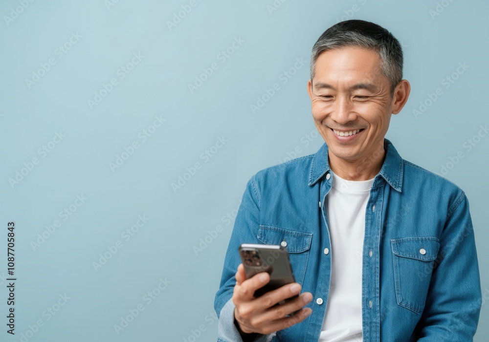 Happy mature asian man using mobile phone, browsing internet, chatting online, shopping, blue studio background Happy mature asian man using mobile phone, browsing internet, chatting online, shopping, blue studio background