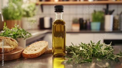 Olive Oil Bottle in Kitchen with Fresh Ingredients